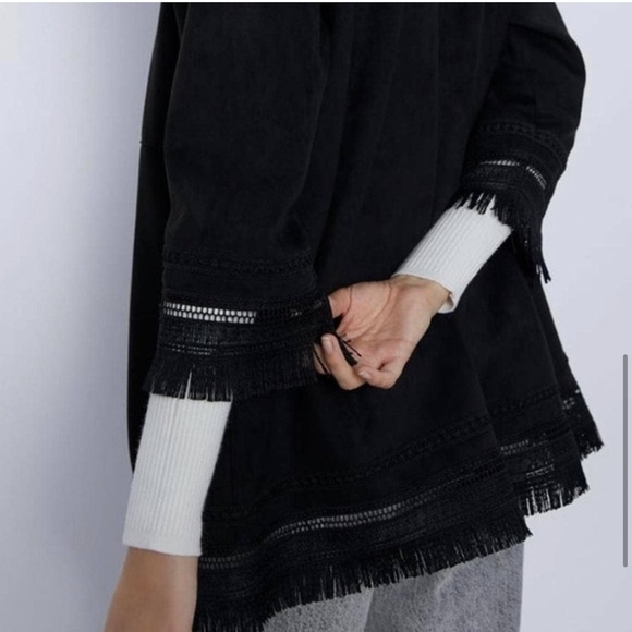 ZARA Faux Suede Fringed Trim Boho Jacket in Black Medium Women’s Festival - Picture 6 of 15